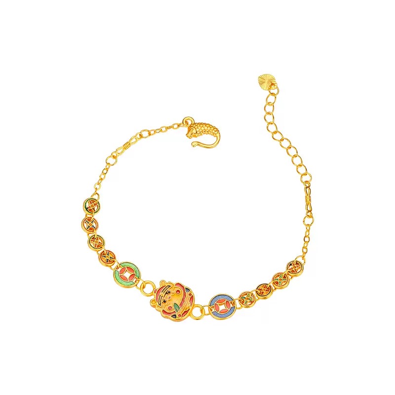 新品矿金  珐琅胖财神铜钱手链 一口价