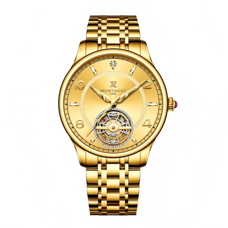 香港金六福KSF&法国梦特娇联名款-镂空飞轮 真金真钻 夜光全自动机芯 男士商务金表（表盘金）