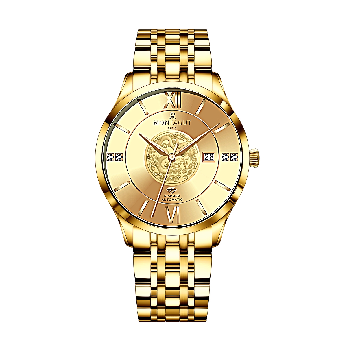 香港金六福KSF&法国梦特娇联名款-龙腾四海 真金真钻 夜光全自动机芯 男士商务金表