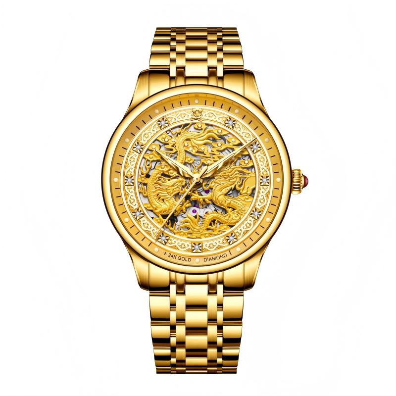 香港金六福KSF&法国梦特娇联名款-盛世飞龙 真金真钻 夜光全自动机芯 男士商务金表