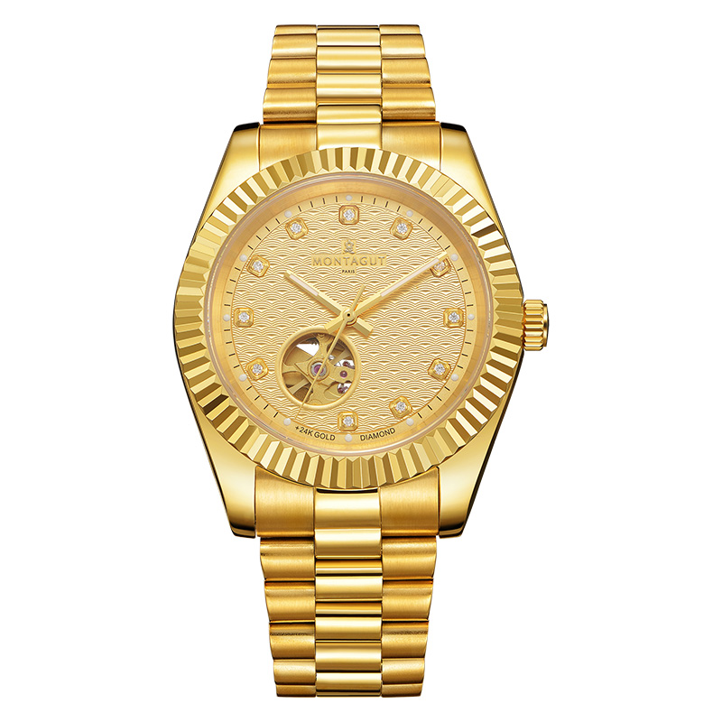 香港金六福KSF&法国梦特娇联名款-瑞气祥云 真金真钻 夜光全自动机芯 男士商务金表