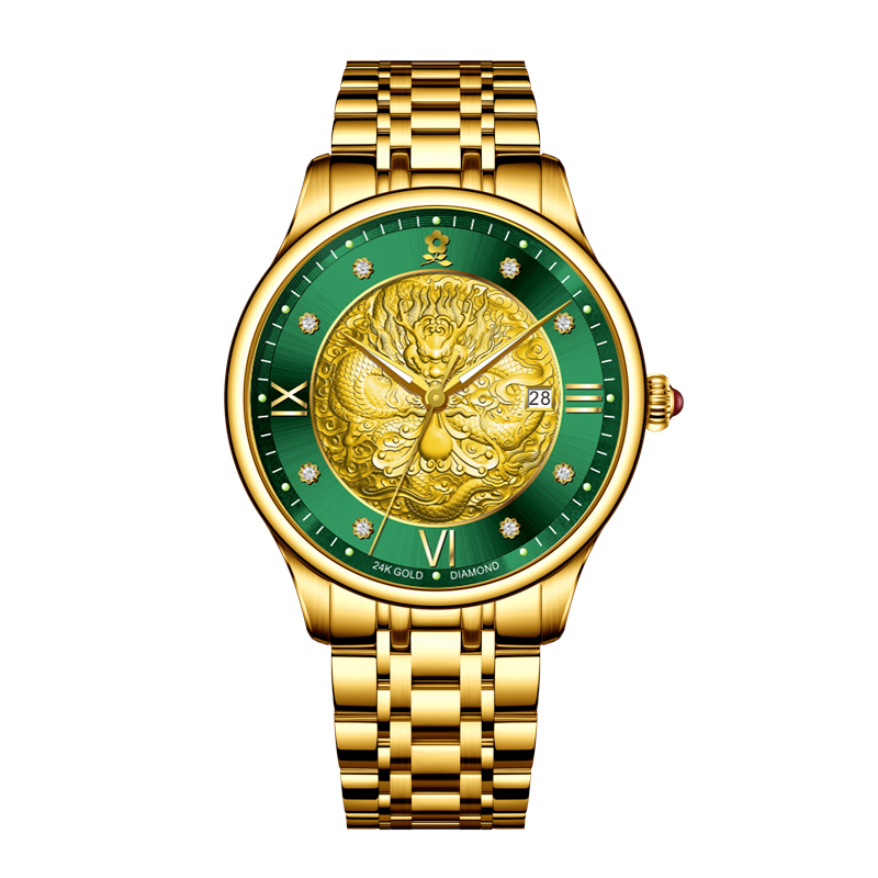 香港金六福KSF&法国梦特娇联名款-龙行天下 真金真钻 夜光全自动机芯 男士士商务金表（金）