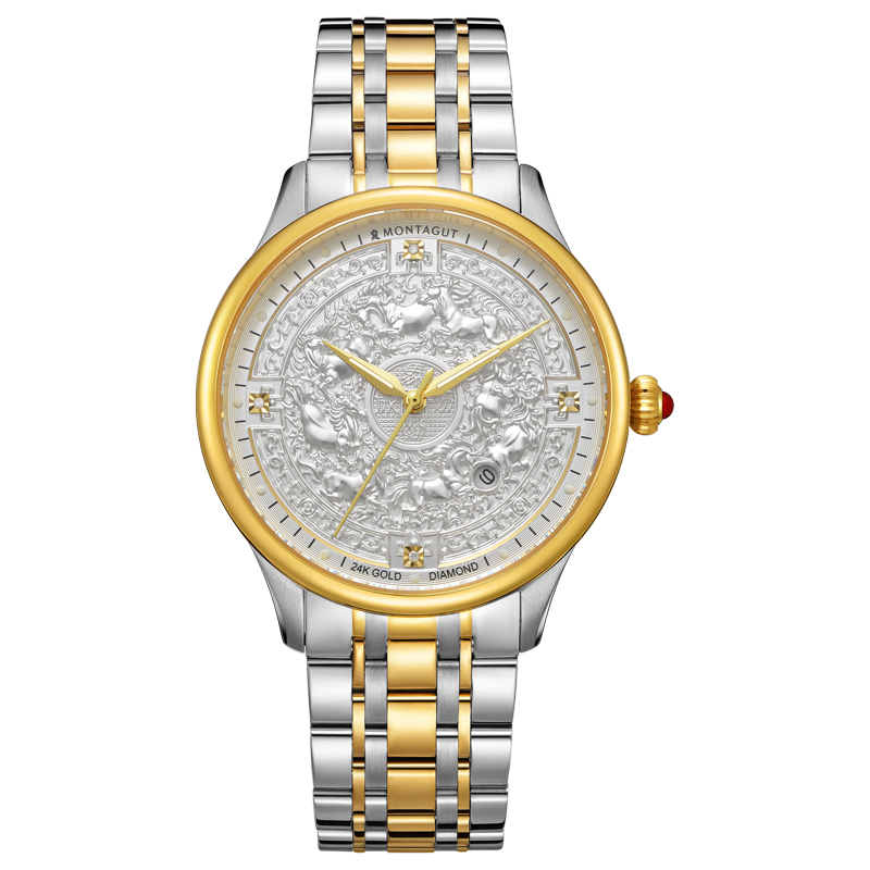 香港金六福KSF&法国梦特娇联名款-马到成功 真金真钻 夜光全自动机芯 男士商务金表（白）