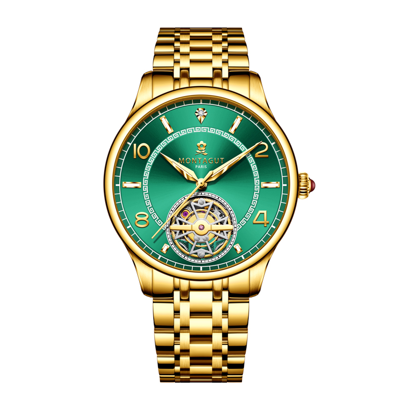 香港金六福KSF&法国梦特娇联名款-镂空飞轮 真金真钻 夜光全自动机芯 男士商务金表（表盘绿）