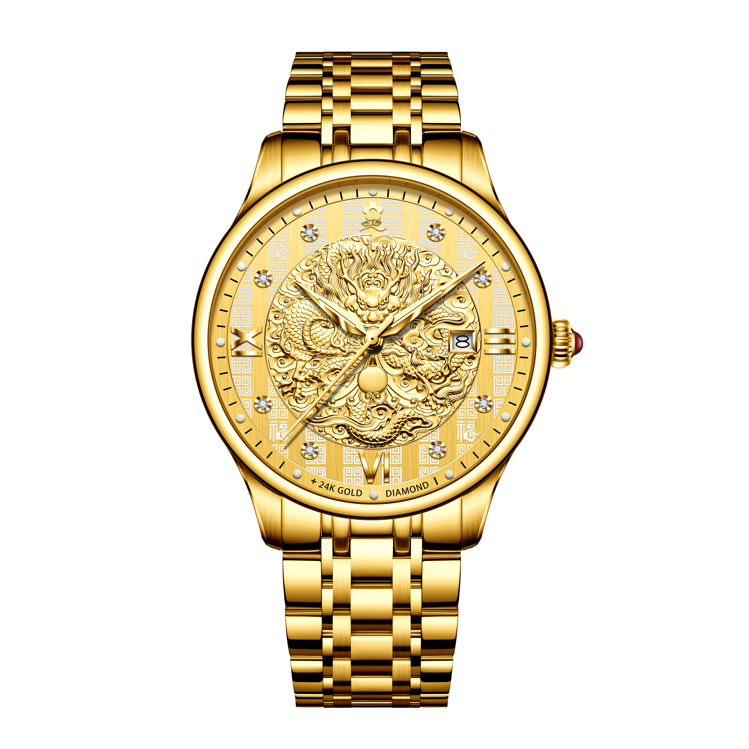 香港金六福KSF&法国梦特娇联名款-五福临门 真金真钻 夜光全自动机芯 男士士商务金表（金）