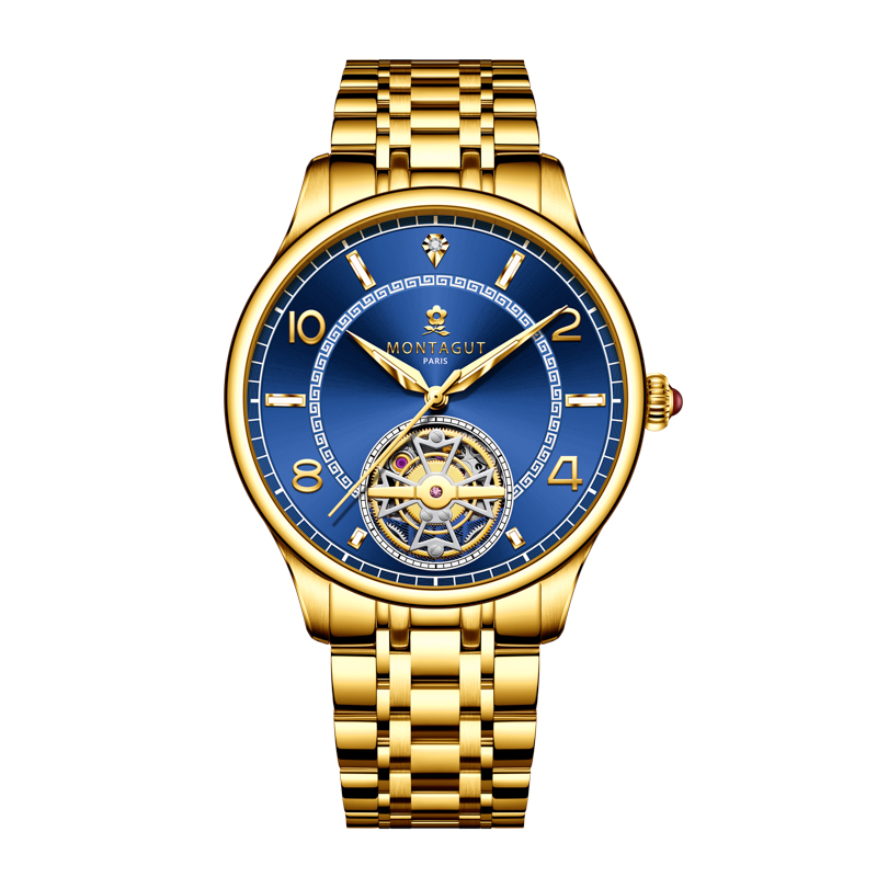 香港金六福KSF&法国梦特娇联名款-镂空飞轮 真金真钻 夜光全自动机芯 男士商务金表（表盘蓝）