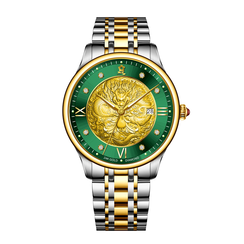 香港金六福KSF&法国梦特娇联名款-龙行天下 真金真钻 夜光全自动机芯 男士士商务金表（双色）