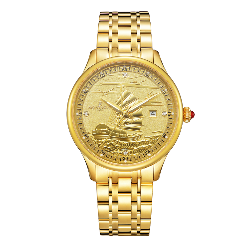 香港金六福KSF&法国梦特娇联名款-一帆风顺 真金真钻 夜光全自动机芯 男士士商务金表（金）